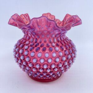 vintage fenton cranberry opalescent hobnail glass vase with ruffled edge